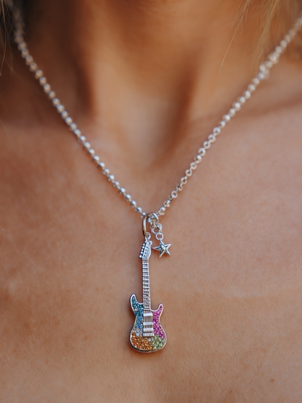 Silver Guitar Pendant Necklace with Multicolor Glitter Accents
